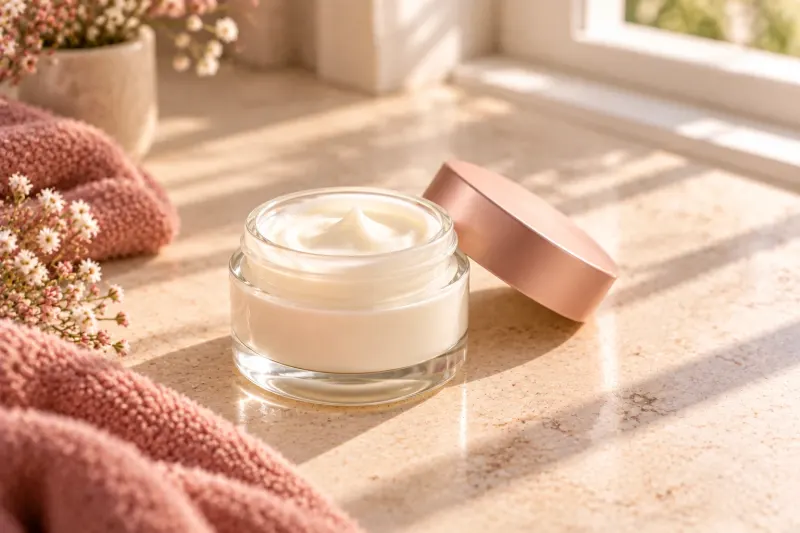 An open jar of white moisturizer with its rose-gold lid beside it on a sunlit stone counter.