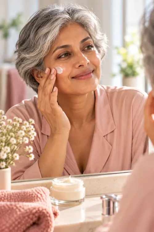 A woman with short silver hair smiling at her reflection as she dabs moisturizer onto her cheek in a bright bathroom.