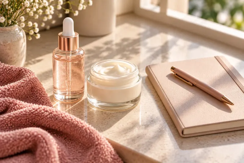 A rose-tinted serum dropper bottle and an open jar of cream beside a closed blush notebook and pen on a sunny stone counter.