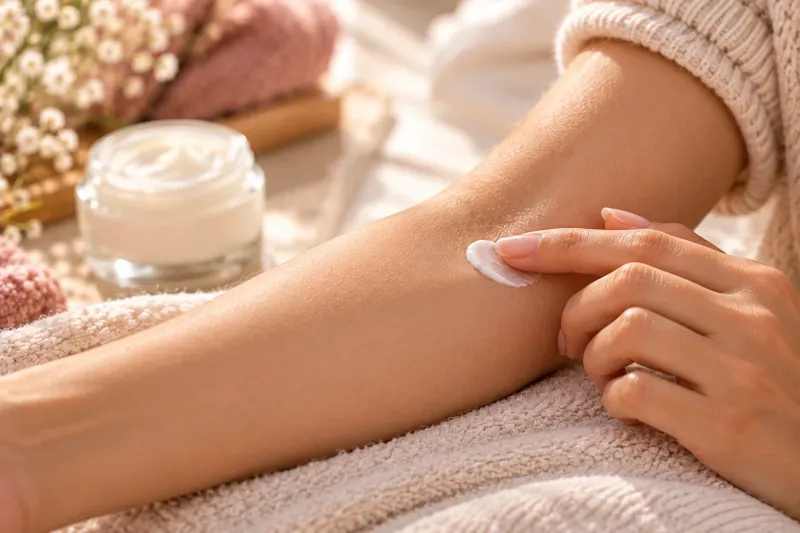A fingertip placing a small dab of white cream on the inside of a forearm resting on a towel, with a jar of cream in the background.
