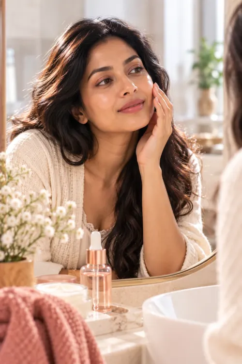 A woman with long dark wavy hair resting her fingertips on her cheek as she looks at her skin in a sunlit bathroom mirror.