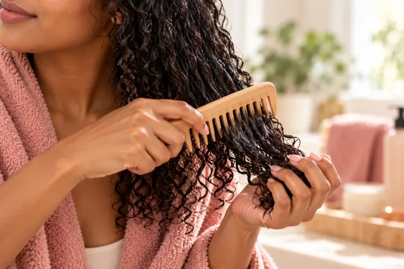 A woman in a rose towel wrap gently detangling damp, conditioned curly hair with a wooden wide-tooth comb, holding the ends.