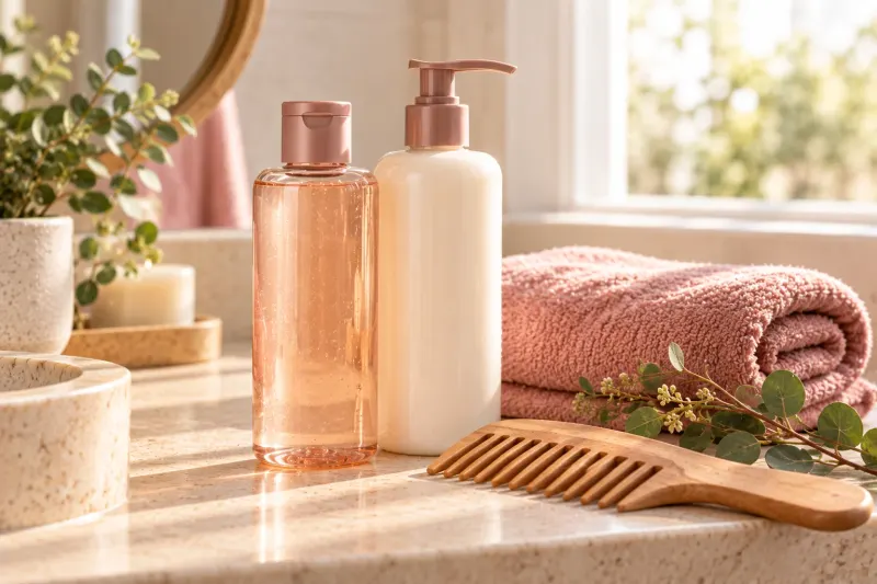 Unbranded shampoo and conditioner bottles beside a wooden wide-tooth comb and a folded rose towel on a sunlit bathroom counter.
