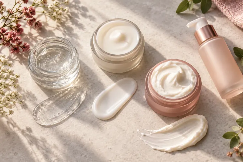 Three unbranded skincare jars and a pump bottle on a pale stone surface, with swatches of a clear gel, a smooth lotion and a thick cream beside them.