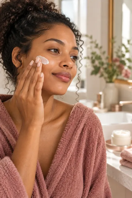 A smiling woman in a rose-colored robe pressing a small dab of moisturizer onto her cheek with her fingertips in a bright bathroom.