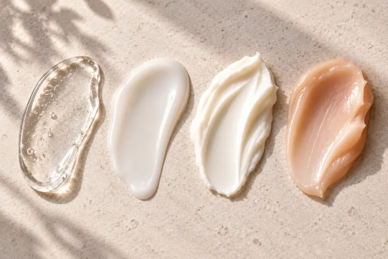 Four swatches in a row on a light stone surface: a clear gel, a smooth white lotion, a thick whipped cream and a dense, glossy balm.