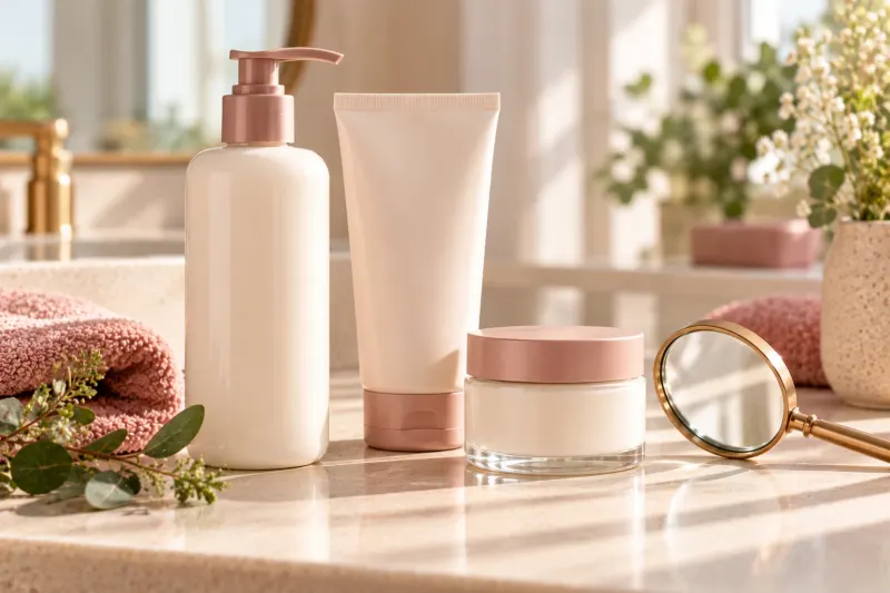 A plain unbranded pump bottle, tube and jar with blank labels beside a small magnifying glass on a sunlit bathroom counter.