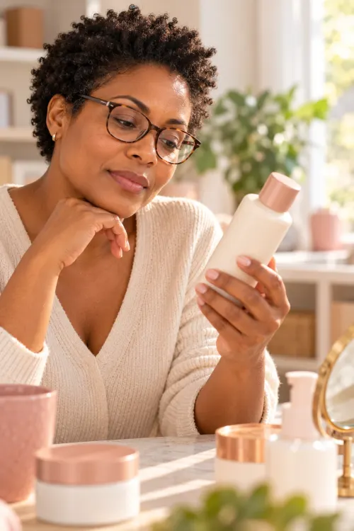 A woman with short natural hair and glasses thoughtfully reading the back of a plain skincare bottle at a sunlit table.