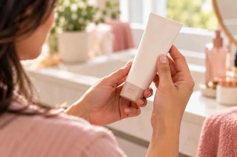 A woman’s hands holding a plain unbranded tube and turning it to read the label beside a sunlit bathroom counter.