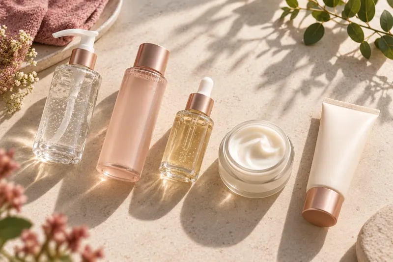Unbranded skincare products lined up from lightest to richest on a pale stone surface: a cleanser pump bottle, a toner, a serum dropper bottle, a jar of cream and a sunscreen tube.