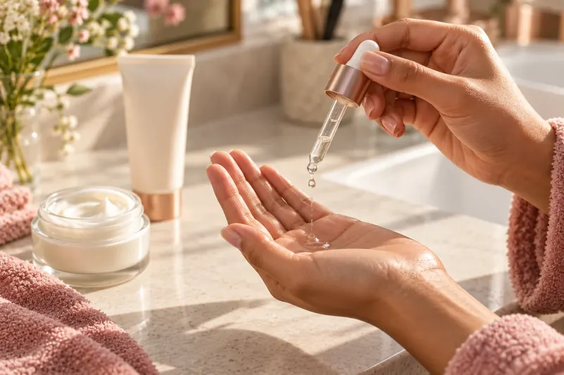 Hands holding a small glass dropper bottle over an open palm, next to a jar of cream and a tube of sunscreen on a bathroom counter.