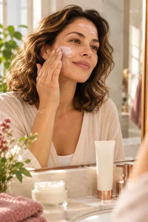 A smiling woman with wavy brown hair smoothing sunscreen onto her cheek and forehead in front of a sunlit bathroom mirror.