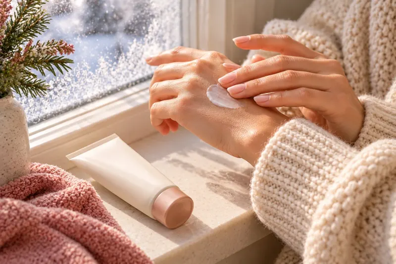 Hands smoothing a small amount of hand cream onto the back of one hand beside a frosty window, with a tube of hand cream on the sill.