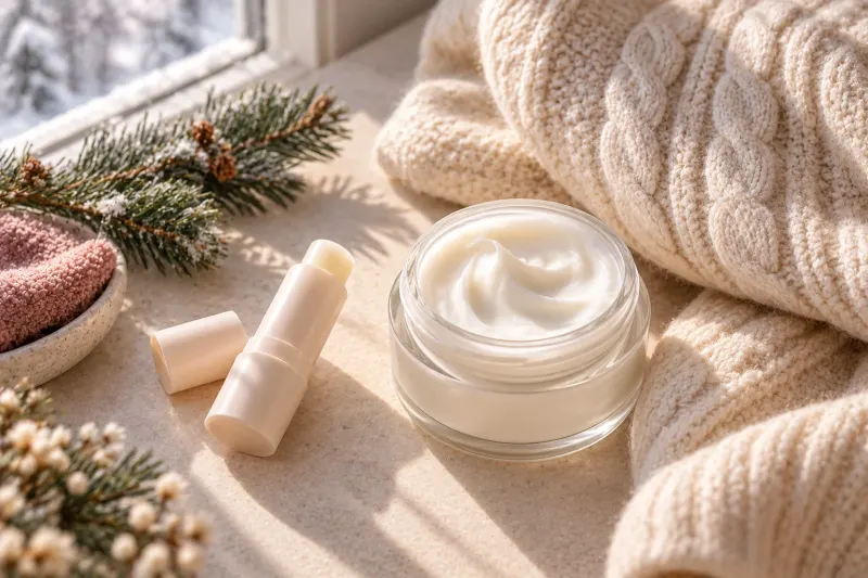 An open jar of rich white cream and a lip balm on a sunny windowsill beside a knit sweater and evergreen sprigs, with snow outside the window.