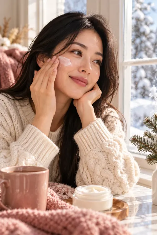 A woman in a cream knit sweater smiling by a snowy window as she applies moisturizer to her cheek, with a mug and a jar of cream on the table.